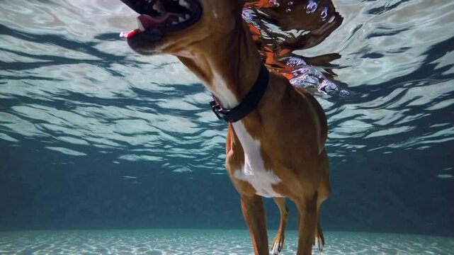 Slow Motion of a Stunning Underwater Dog Swimming Gracefully &ndash; Joyful Canine with a Happy Expression, Bubbles Floating Around as It Moves Effortlessly Through Clear Water. Perfect for Pet Action