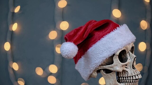 Slow Motion Close-Up Profile of a Unique Skull-Santa Standing Still &ndash; Mysterious and Festive Figure with a Santa Hat on a Detailed Skull, Combining Holiday Cheer with an Edgy Aesthetic. Perfect 