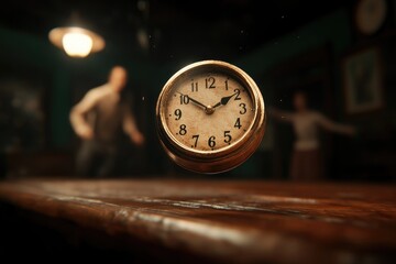 Dramatic Floating Clock in Vintage Room Capturing Suspense and Time Conceptualization