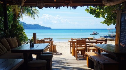 A casual yet elegant beach caf with wooden tables and cushioned chairs, with a stunning view of the ocean horizon.