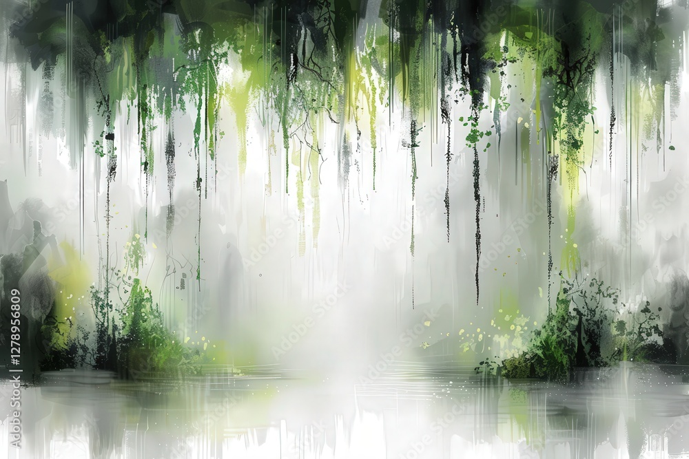 Poster a painting of a forest with a river running through it