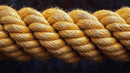 Textured close-up of a twisted yellow rope with natural fibers on a dark background