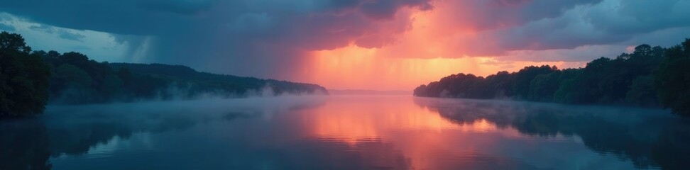 Obraz premium The Missouri River glows with mist as a storm passes by, mist, water, storm