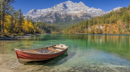 Fototapeta premium A serene boat floats in calm waters, surrounded by majestic mountains, creating a picturesque landscape that embodies tranquility and nature's beauty.