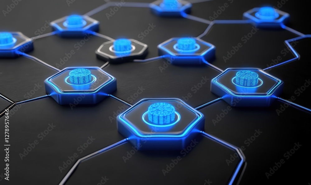Poster hexagonal network with glowing nodes, data flow, dark background, tech visualization