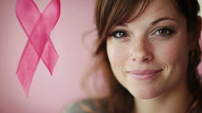 A portrait of a woman with a pink ribbon tattoo, symbolizing breast cancer awareness