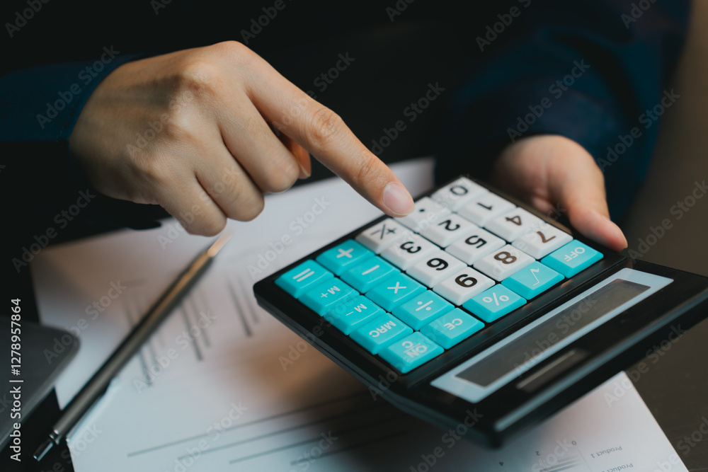 Poster hand pointing at calculator screen showing financial calculations