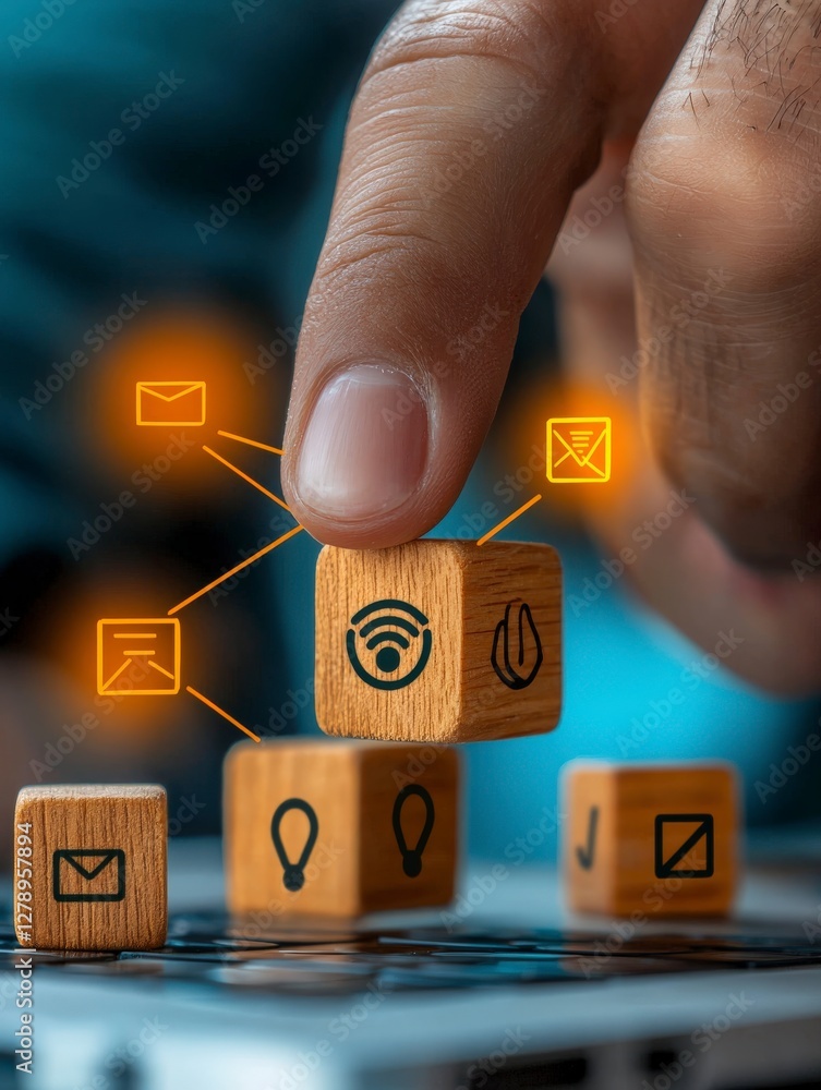 Poster hand reaching for wooden blocks with digital icons representing connectivity and communication in a 