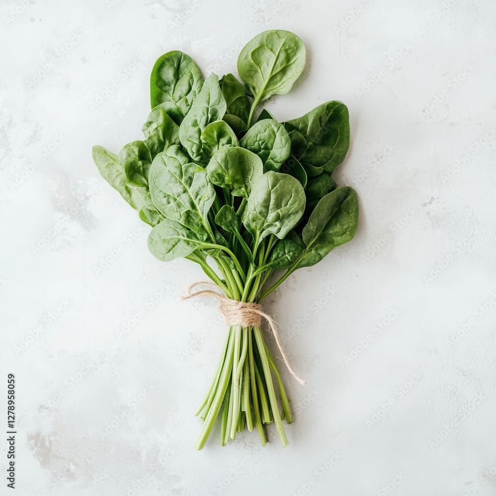 Poster crisp bundle of fresh vibrant spinach leaves arranged artfully on a pristine white background captur