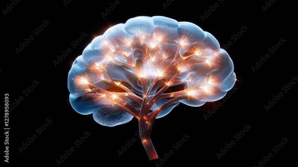 Poster neon digital brain with interconnected skill tree branches representing the evolution of technology,