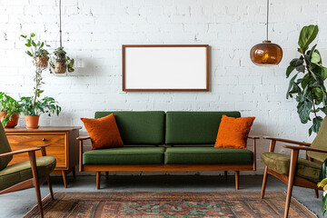 Modern mid century living room with wooden furniture and empty horizontal frame for wall art mockup. Generative AI