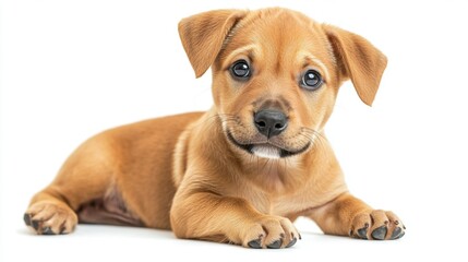 Cute brown puppy laying down with an adorable expression on a clean background.