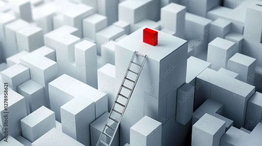 Aufkleber abstract representation of a red cube atop a white geometric structure with a ladder leading up