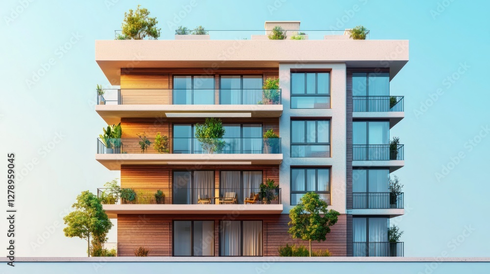 Aufkleber a realistic 3d apartment building with balconies and trees on the sidewalk.