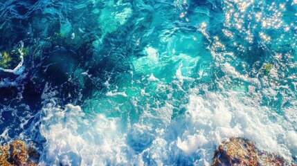 Vibrant turquoise ocean water with white foam waves crashing on rocks.
