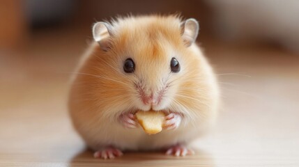 Adorable Fluffy Brown Hamster Eating a Treat Closeup
