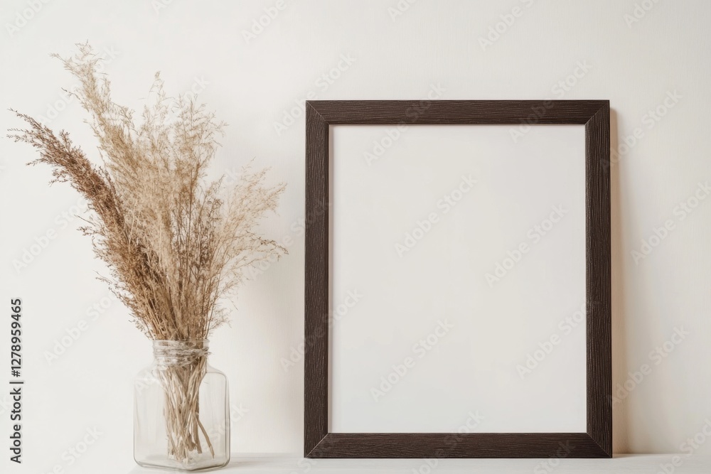 Poster displaying a minimalistic dark frame with dried flowers in a white space