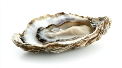 A close-up of a single fresh oyster in its half shell, glistening with natural juices, against a pure white background.