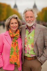 Stylish Senior Couple in Colorful Autumn Fashion Outdoors