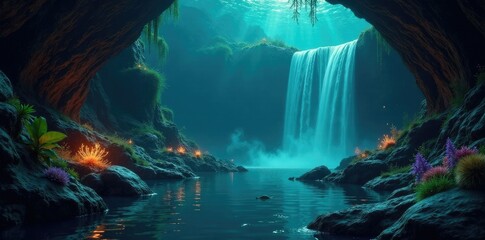 Obraz premium Waterfall with glowing aquatic plants and sunken treasure, glow, ancient, mysterious