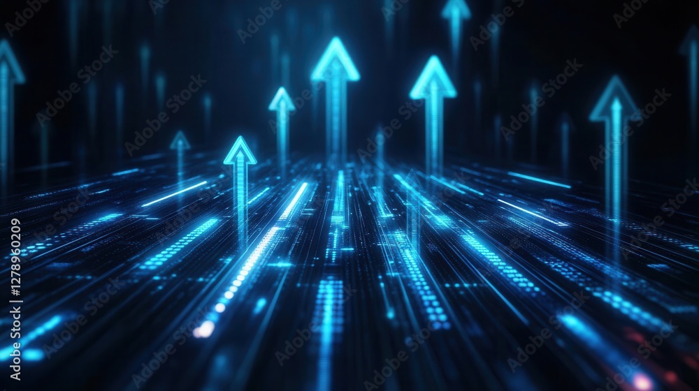 Poster digital business growth visualization with glowing blue network connections and dynamic 3d arrow for