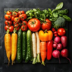 Fresh and colorful assortment of vegetables arranged neatly on a black surface.