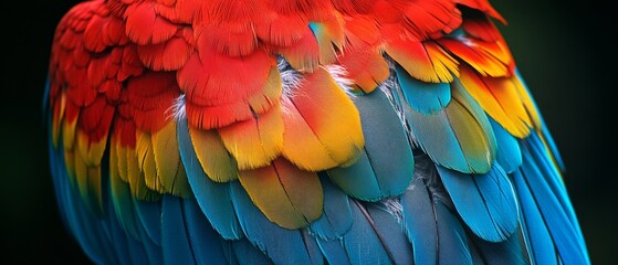 Fototapeta premium Vivid close-up of a parrot's iridescent plumage, showcasing vibrant red, blue, and yellow feathers with intricate detail and texture.