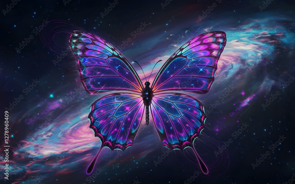 Poster cosmic butterfly: a mesmerizing butterfly, its wings shimmering with celestial patterns and vibrant 