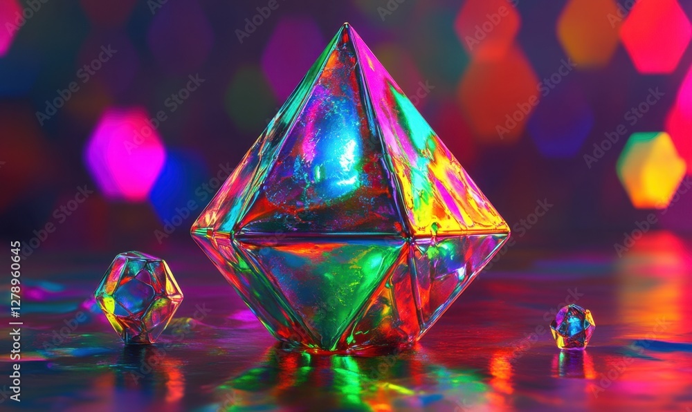 Poster iridescent crystal prisms on reflective surface with bokeh background