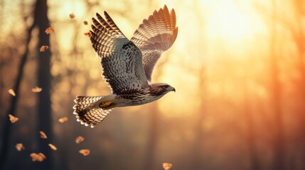 Fototapeta premium Majestic Hawk in Flight at Sunset
