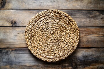 Obraz premium Hand-Woven Oval Placemat on Rustic Wooden Background