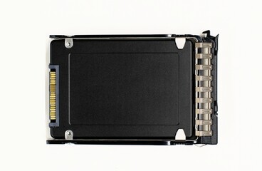 Solid state drive SSD data storage device computer components on white background.