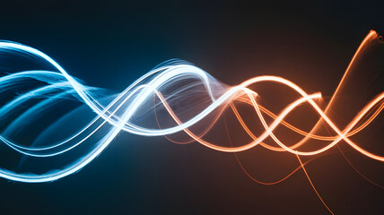 Dynamic Energy Flow: A vibrant visualization of energy streams, captured with long exposure, features swirling neon blue and orange light trails against a dark backdrop, evoking a sense of movement.