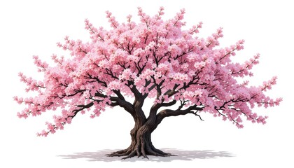 Obraz premium Beautiful pink cherry blossom tree with vibrant flowers against a white background showcasing springtime elegance and nature's splendor