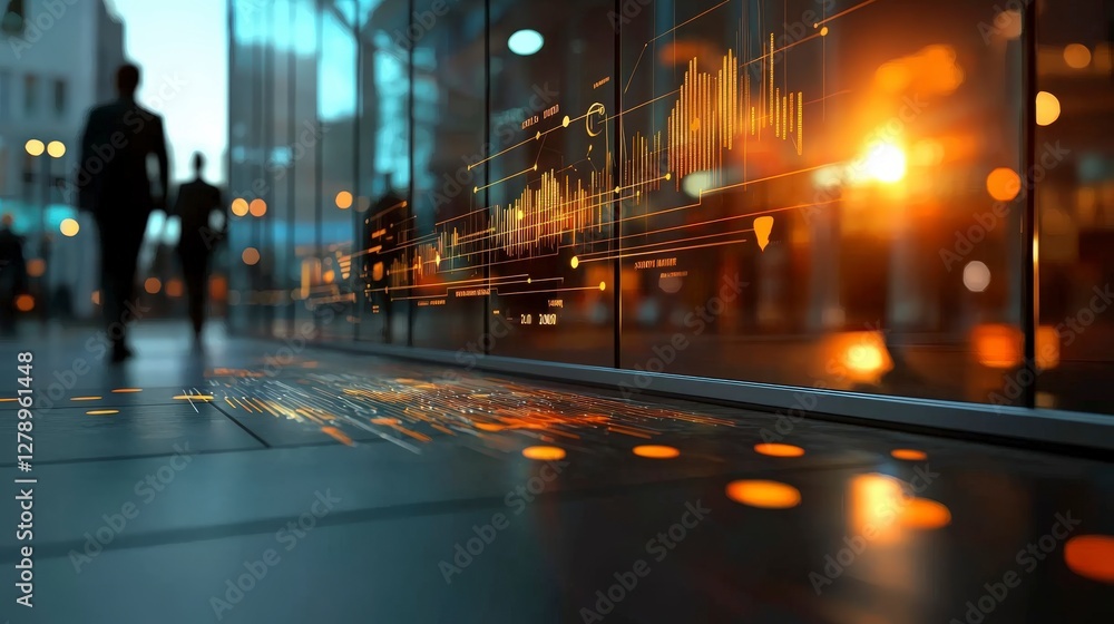 Poster modern business analysis with dynamic data visualization and urban architecture in evening light