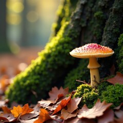 Wild mushroom species growing among fallen leaves and soft moss on a decaying tree stump in autumn, nature, leaves,