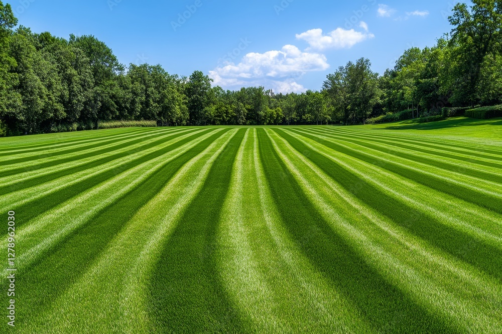 Poster Aerial view of a large grass field with distinct patterns from recent mowing and soft light shadows