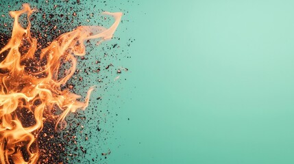 High flames surging upward while glowing embers scatter in various directions, isolated on a green background