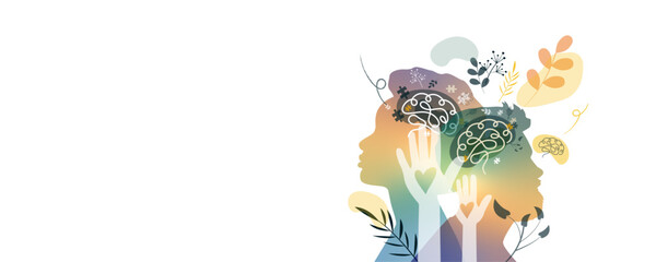 Facial silhouettes with floral elements. Mental Health concept. 