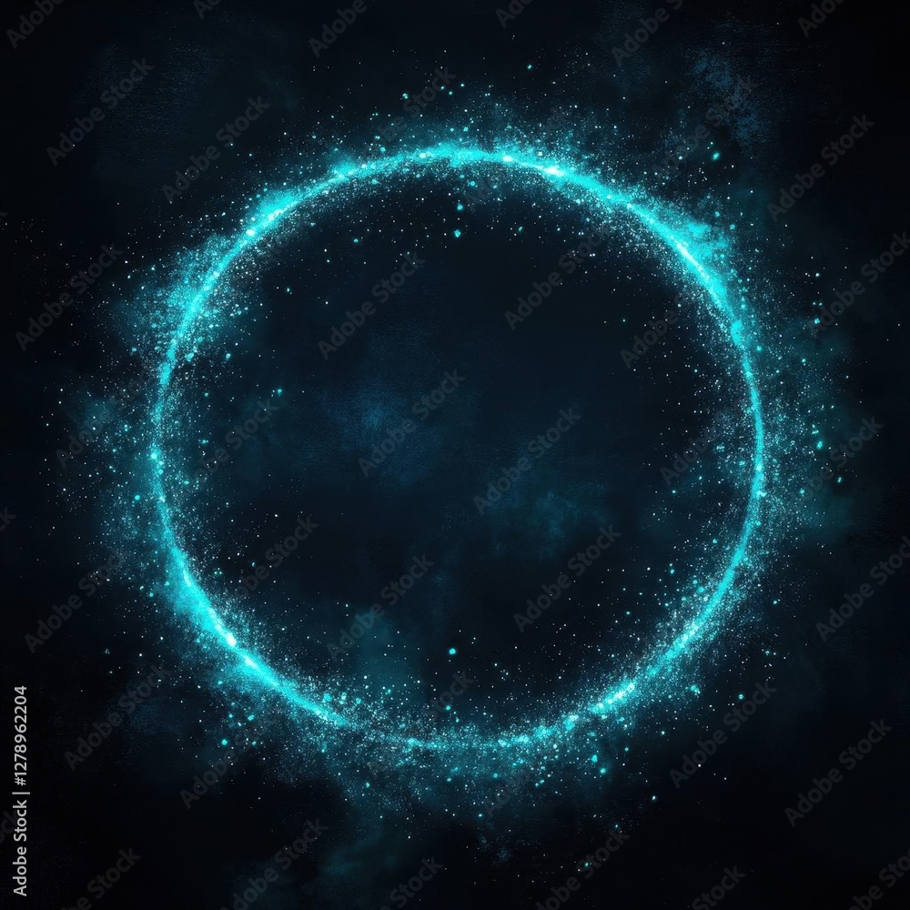 Poster elegant abstract circular light effect with teal and silver sparkles radiating from center on dark b
