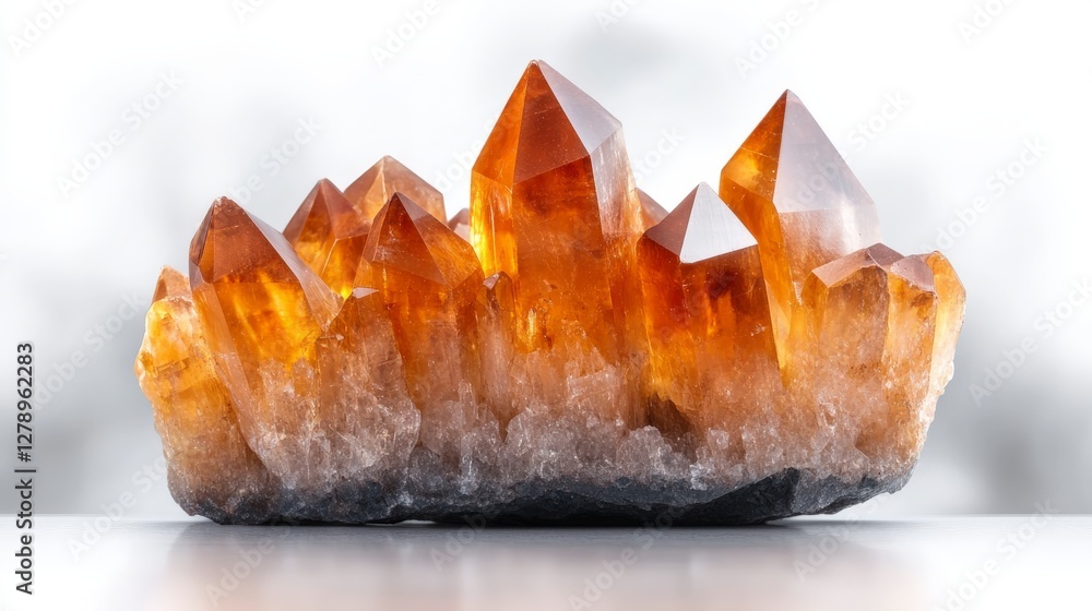 Poster beautiful orange crystal cluster with sharp points and unique texture on a light background