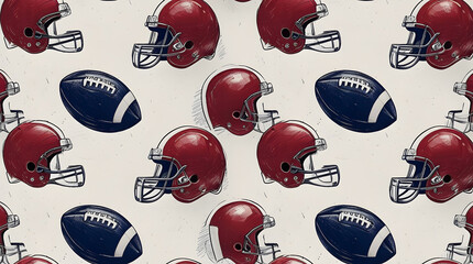 Hand drawn watercolor seamless pattern American football balls and helmet. Repeated background in retro style. Sport pattern