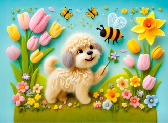 Naklejka premium Felt Dog with Bees and Spring Blossoms