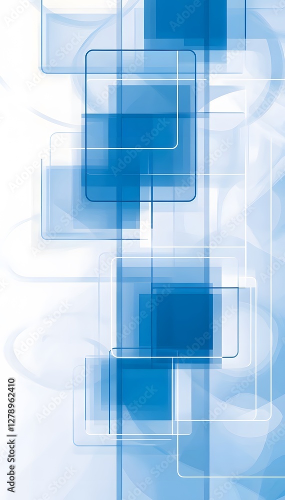 Poster blue squares and rectangles overlap on a white gradient background