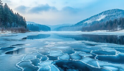 Serene winter lake with frozen surface reflecting the tranquil blue sky and snowy hills.