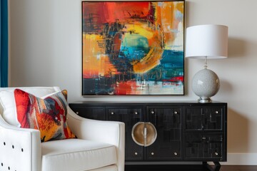 Modern living room with abstract art and white armchair
