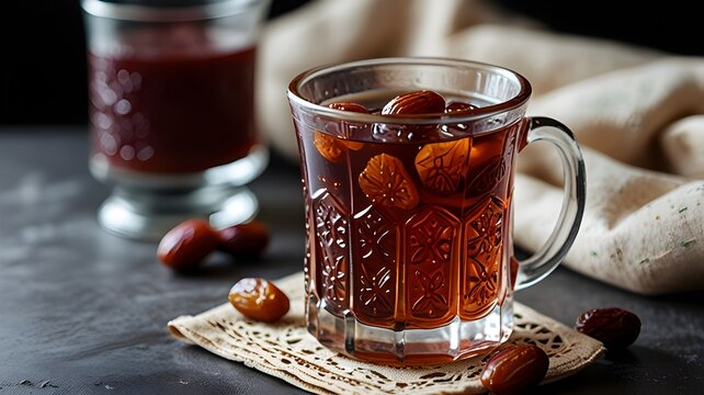 A traditional Ramadan drink made with dates, nuts, and rose water, served in a glass mug