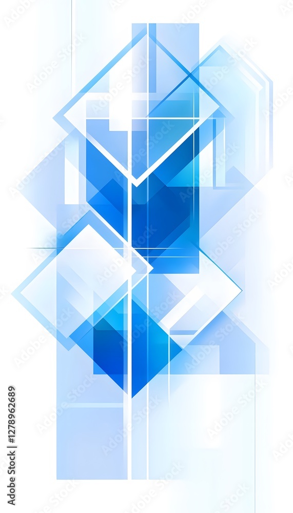 Poster abstract composition of overlapping translucent blue rectangles and diamonds