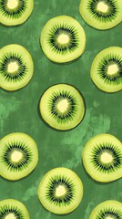 A pattern of kiwi slices arranged in an artistic way on a vibrant green background
