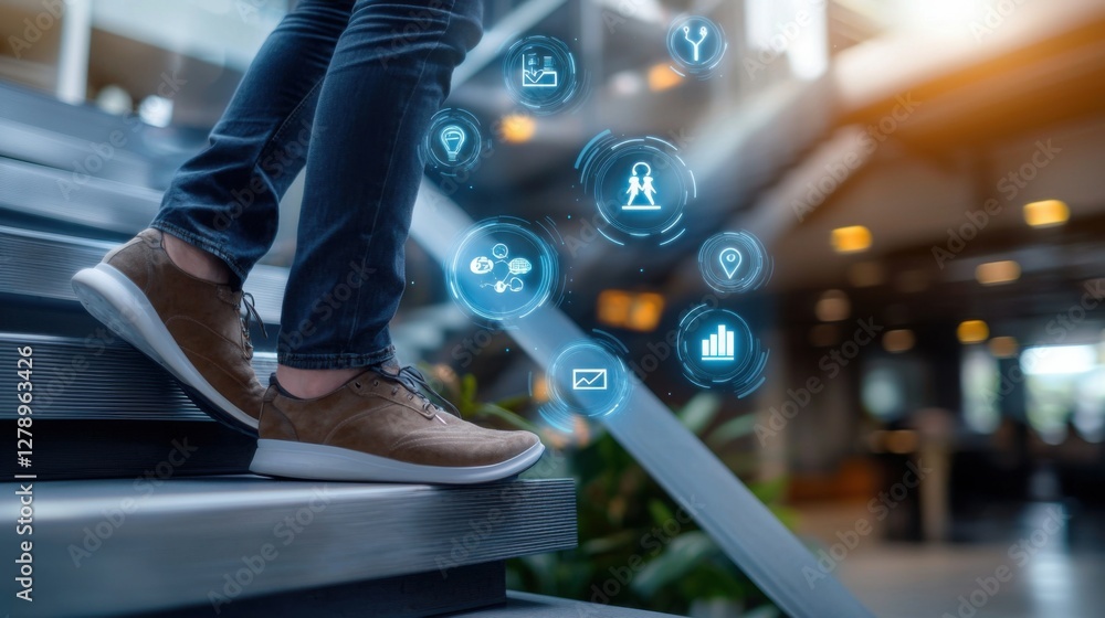 Poster a person climbing a staircase with floating digital icons symbolizing the various aspects of busines
